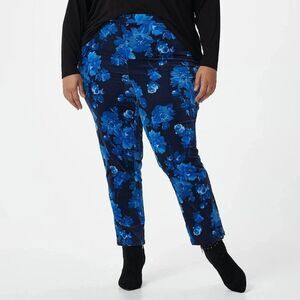 New Isaac Mizrahi Live! Floral Printed Stirrup Pants in Dark Navy | Size Plus 30